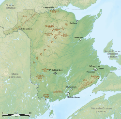 Carte des principaux massifs du Nouveau-Brunswick.