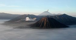 Le Bromo (cratère fumant au second plan), le Semeru (dernier plan) et le Batok (premier plan)