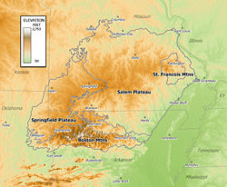 Carte des monts Ozark avec les montagnes Saint-François à l'est.