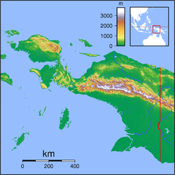Carte topographique de la Papouasie montrant les monts Maoke (au centre en blanc et rouge foncé).