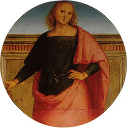 Perugino, pala di sant'agostino, santo giovane con spada.jpg
