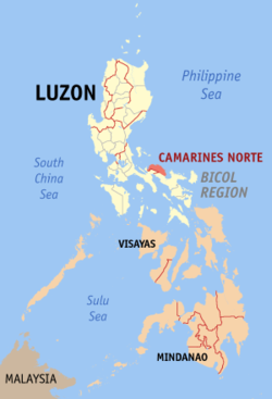 Localisation de la province de Camarines Norte (en rouge) dans les Philippines.