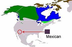 Répartition du loup du Mexique etrépartition géographique des sous-espèces de Canis lupus en Amérique du Nord :