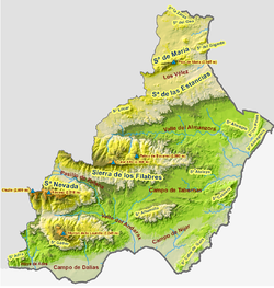 Carte de la province d'Almería représentant la sierra de los Filabres à l'ouest