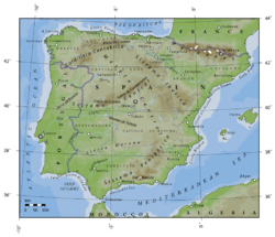 Carte de l'Espagne montrant les cordillères bétiques dans le Sud.
