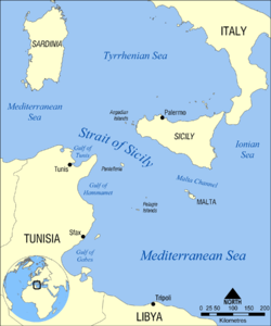 Carte des eaux entre la Sicile et la Tunisie.