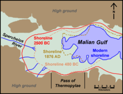 Carte du golfe Maliaque avec le tracé de ses anciens rivages.