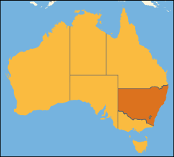 Localisation de la Nouvelle-Galles du Sud (en rouge) à l'intérieur de l'Australie
