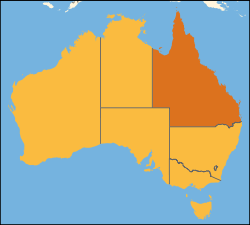 Localisation du Queensland (en rouge) à l'intérieur de l'Australie