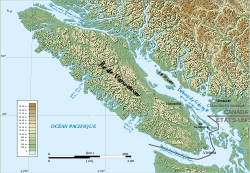 Carte topographique de l'île de Vancouver et du détroit de la Reine-Charlotte au nord.
