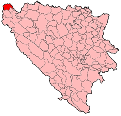 Localisation de la municipalité de Velika Kladuša, dont le territoire correspond approximativement à celui de la Province autonome de Bosnie occidentale