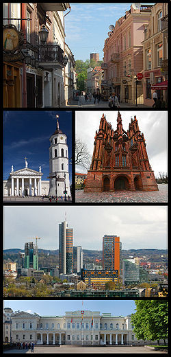 De haut en bas, de gauche à droite : la vieille ville de Vilnius, la cathédrale, l'église Sainte-Anne, le quartier d'affaires de Šnipiškės, le palais présidentiel.