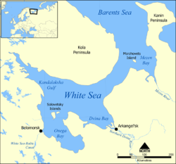 Carte de la mer Blanche avec la baie de Mezen au nord-est.