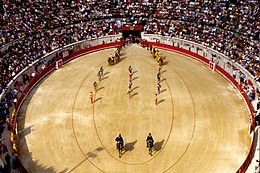 Dans une arène en vue aérienne, le défilé des différents participants d'une corrida.