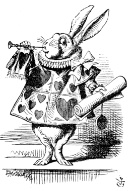 Un dessin de lapin habillé en jeu de carte et qui joue de la trompette