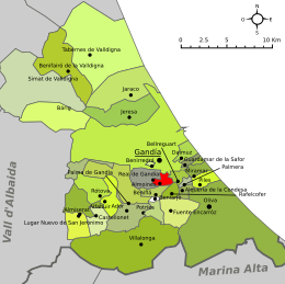 Localisation d'Almoines par rapport à la comarque de la Safor