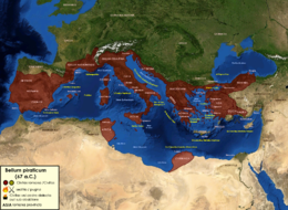 Carte de la Méditerranée avec les territoires romains et les noms et emplacement des légats de Pompée.