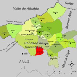 Localisation de Benilloba par rapport à la comarque du Comté de Cocentaina