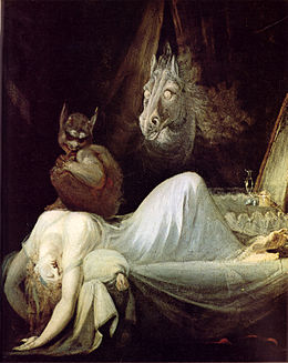 Tableau Le Cauchemar de Füssli, 1802, présentant une femme étalée sur son lit, un démon sur elle et une jument spectrale au fond.