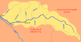 Le bassin de la Ket avec le cours de la Païdouguina (ici en russe Пайдугина), à son extrémité nord-ouest.