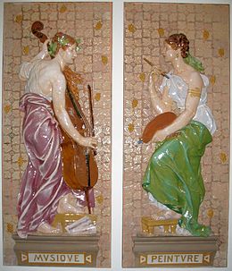 Jules Paul Loebnitz La peinture, La musique, 1889, d'après A. J. Allar, Musée de la céramique de Rouen.