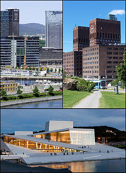 De haut en bas et de gauche à droite : quartier de Bjørvika, Hôtel de ville d'Oslo et Opéra d'Oslo.