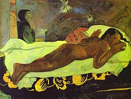 a toile représente une femme à la peau brune allongée sur le ventre, le visage tourné vers le spectateur, les yeux ouverts, sur un lit couvert d'une literie vert-jaune. À ses pieds, un buste de profil, vêtu et encapuchonné, serré, d'un tissu vert sombre, appuyé à une colonne, représente l'esprit.