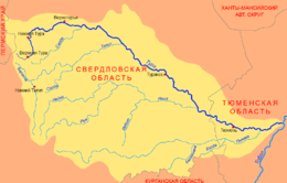 Carte du bassin de la Toura avec ses principaux affluents. Au centre-gauche du bassin, on voit la Salda (ici en russe Салда) qui coule du sud-ouest vers le nord-est, puis se jette en rive droite dans le Taguil ( ici Тагuл ).