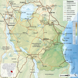 Cartes topographiques de la Tanzanie (à gauche) et du Kilimandjaro et du mont Méru (à droite).