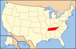 Carte des États-Unis avec le Tennessee en rouge.