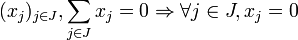 (x_j)_{j \in J}, \sum_{j \in J} x_j = 0 \Rightarrow \forall j \in J, x_j = 0
