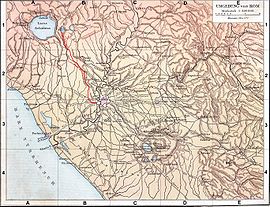 Plan du Latium antique (G. Droysens Allgemeiner Historischer Handatlas, 1886) avec l'Aqua Alsietina en rouge.