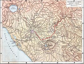Plan du Latium antique (G. Droysens Allgemeiner Historischer Handatlas, 1886) avec l'Aqua Anio Vetus en rouge.