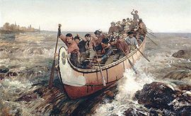 Voyageurs en canot affrontant un rapide.