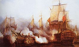 Le Bucentaure faisant feu sur le Téméraire à Trafalgar