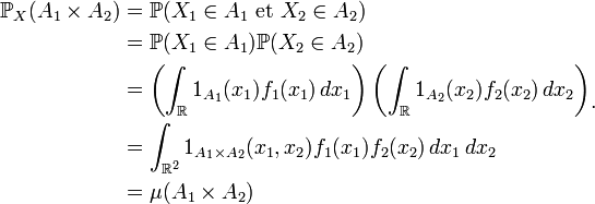\begin{align}
\mathbb{P}_{X}(A_1\times A_2)
&= \mathbb{P}(X_1\in A_1\text{ et }X_2\in A_2)\\
&= \mathbb{P}(X_1\in A_1)\mathbb{P}(X_2\in A_2)\\
&= \left(\int_{\R} 1_{A_1}(x_1)f_1(x_1) \, dx_1\right)\left(\int_{\R} 1_{A_2}(x_2)f_2(x_2) \, dx_2\right)\\
&= \int_{\R^2} 1_{A_1\times A_2}(x_1,x_2)f_1(x_1)f_2(x_2) \, dx_1 \, dx_2\\
&= \mu(A_1\times A_2)\end{align}.