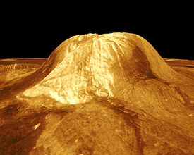 Visualisation 3D de Gula Mons à partir des données radar obtenues par la sonde Magellan en 1996[1].Les hauteurs sont exagérées 22,5 fois.