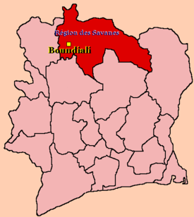 Localisation de la région des savanes, dont Boundiali est un des sept départements.