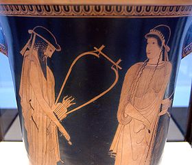 Alcée et Sappho, kalathos attique à figures rouges, v. 470 av. J.-C., Staatliche Antikensammlungen (Inv. 2416)