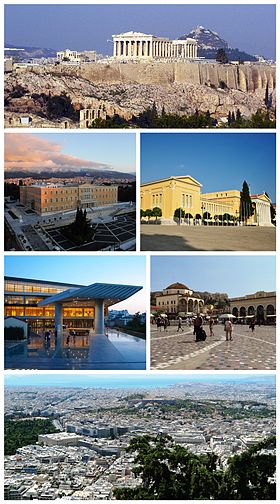 De haut en bas et de gauche à droite : Acropole, Parlement hellénique, Zappéion, Musée de l'Acropole, Monastiráki, vue de la ville.