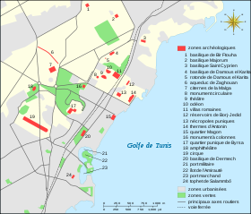 Localisation des divers vestiges du site de Carthage