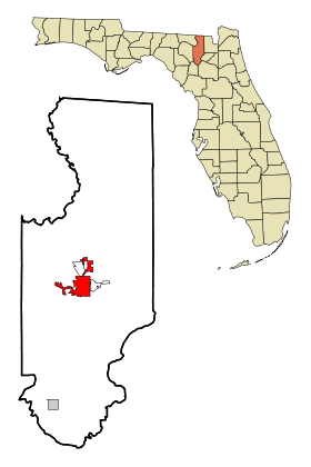 Columbia County Florida Incorporated and Unincorporated areas Lake City Highlighted.svg