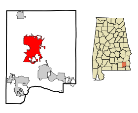Dale County Alabama Incorporated and Unincorporated areas Ozark Highlighted.svg