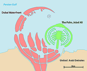 Carte de Dubaï Waterfront (en rouge) et de Palm Jebel Ali (en vert).