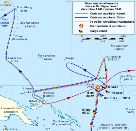 Carte des mouvements et des attaques perpétrées par les croiseurs auxiliaires allemands dans l'ouest de l'océan Pacifique.