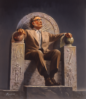 Asimov, vu par Rowena Morrill, sur un trône orné des symboles de son œuvre littéraire