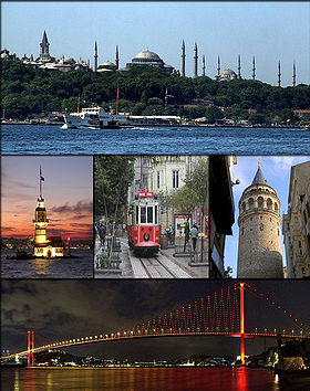 Haut: Palais de Topkapı - Sainte-Sophie - Mosquée bleue ;Milieu gauche: Tour de Léandre, milieu centre : Beyoğlu, milieu droit : Tour de Galata ;Bas: Pont du Bosphore et Levent