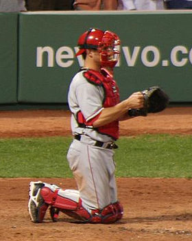 Jeff Mathis kneeling with catcher's gear in April 2008.jpg