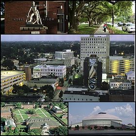 En haut à gauche: Statue en face de la caserne centrale de pompiers, à droite: une rue plantée de chênes, au centre: Vue aérienne de Lafayette, en bas: La salle du Cajundome, et l'Université de Louisiane à Lafayette
