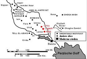 Localisation des villes de l'État de Lagash (en rouge).